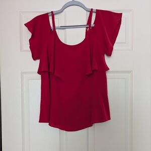 Bobeau Red Ruffled Asymmetrical Cap Sleeve Blouse